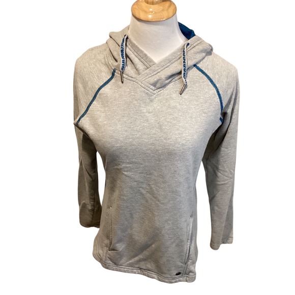 Noble Outfitters Tops - Noble Outfitters‎ Womens Gray Blue Trim V Neck Hoodie Sweatshirt Size M